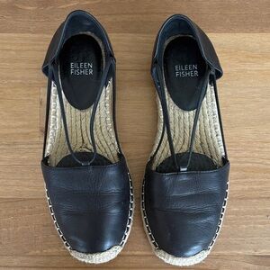 Eileen Fisher Black Leather Espadrille Slingback Flats